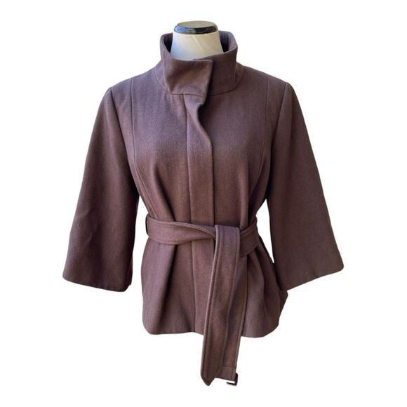 Mossimo Brown Belted 3/4 Sleeves Lined Cropped Jacket Sz XXL Classic Wool Blend - Picture 1 of 5